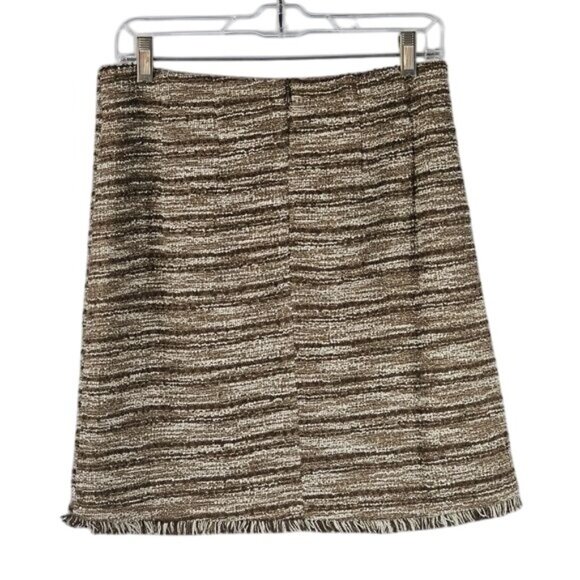 Badgley Mischka Frayed Hem Boucle Mini Skirt Sz M Brown Metallic Stretch Waist - Picture 2 of 11
